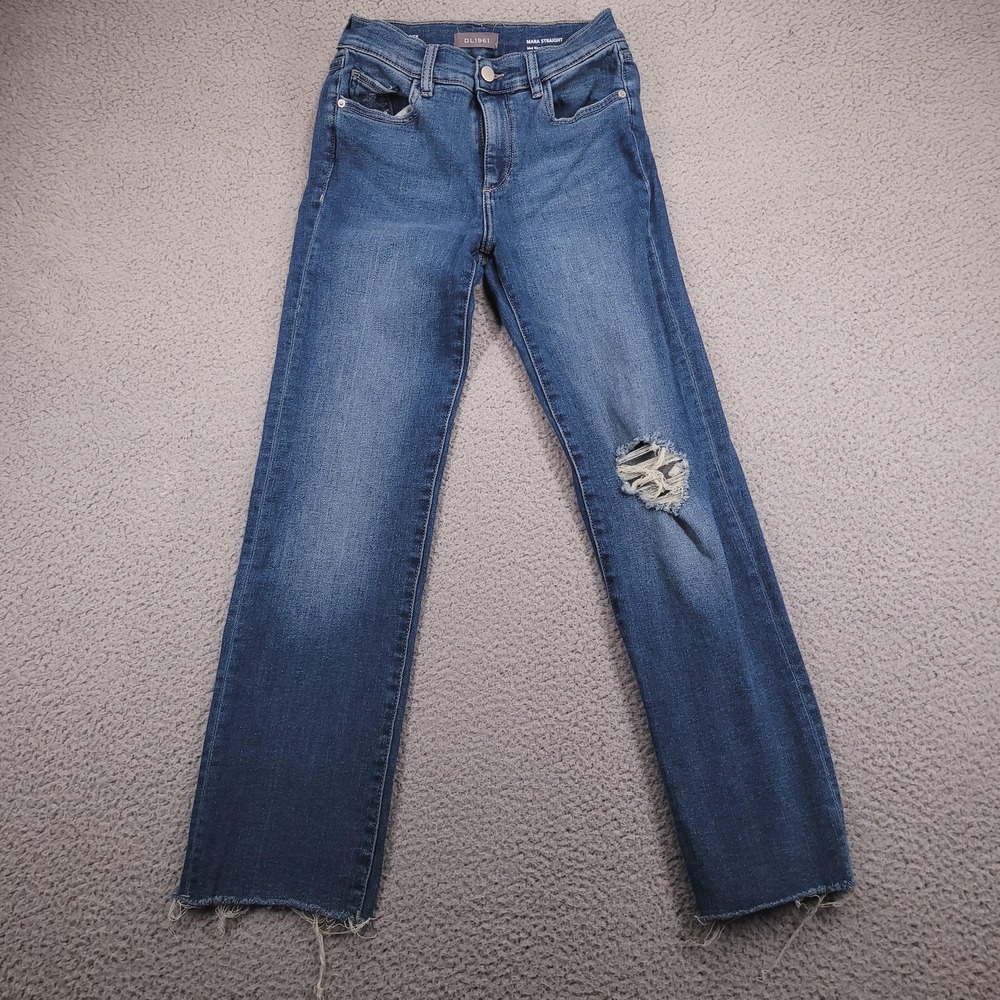 DL1961 Jeans Womens 25 Blue Mara Straight Mid Rise Instasculpt Ankle Distressed